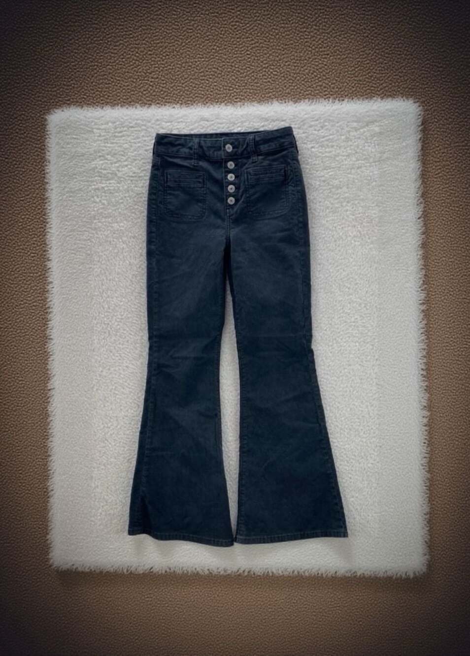 AE Super Hi-Rise Flare Corduroy Pants Gray‎ Flat Front Pockets Button Up, Sz. 10